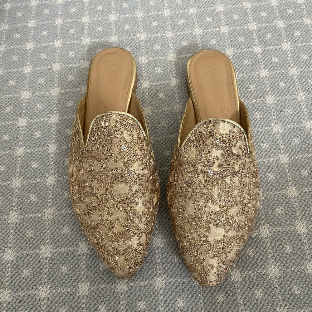 Chatelles Gold Mules with Beaded Detail Size 7